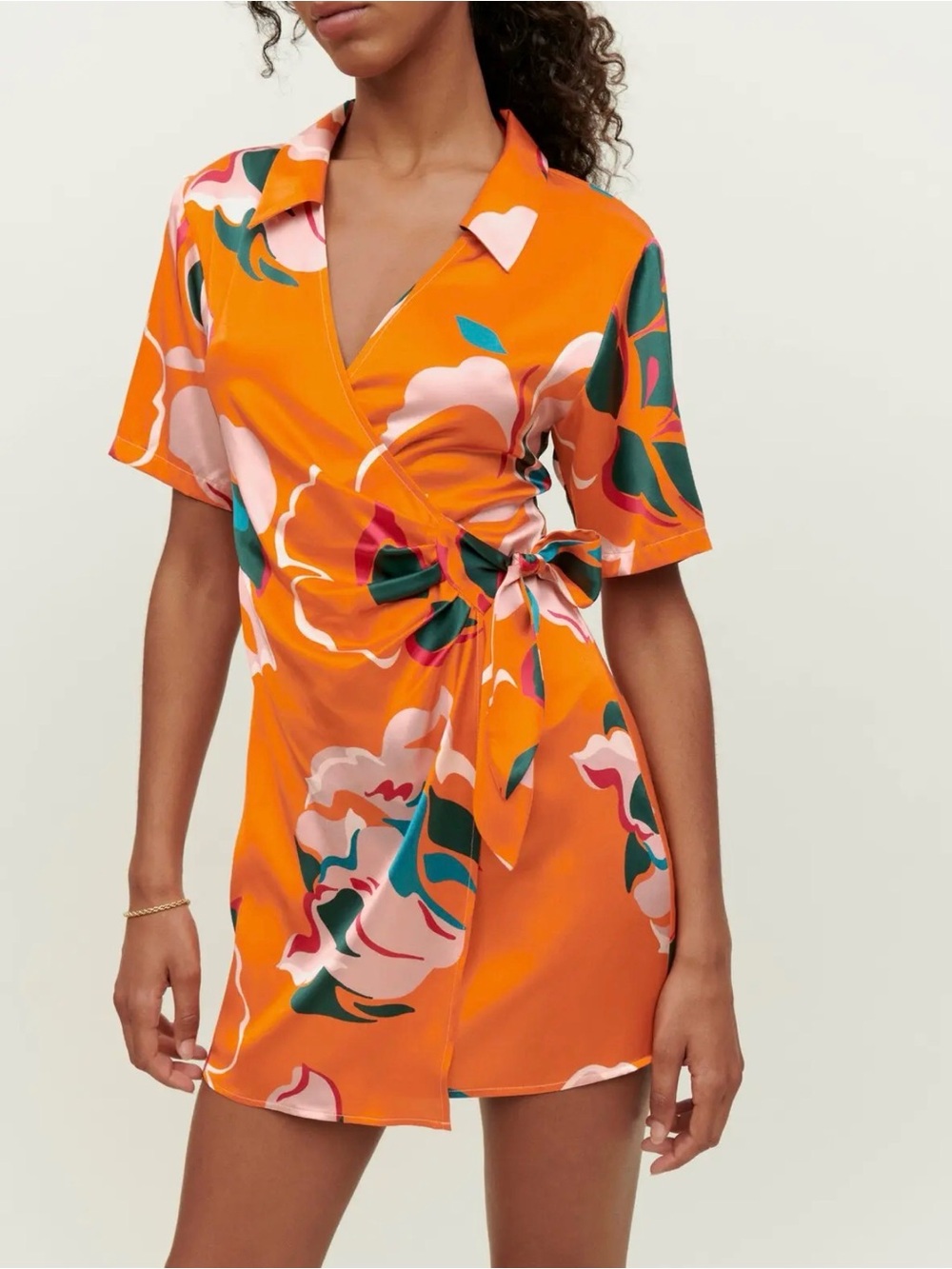 REFORMATION Electra Bold Orange Abstract Floral Collared Luxe Silk Wrap Dress M